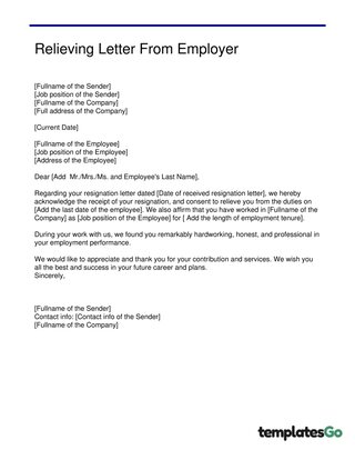 Professional Relieving Letter For HR