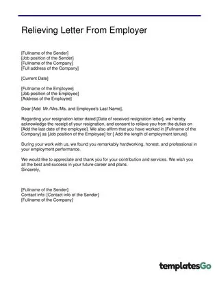 Professional Relieving Letter By Employer