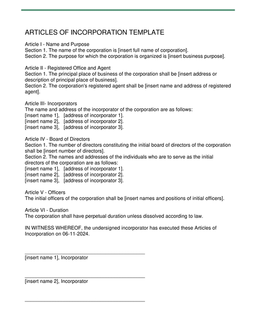 Articles Of Incorporation Template