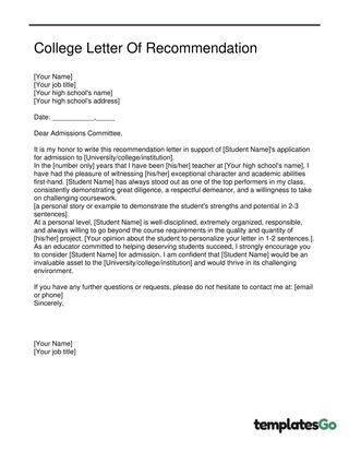 College Letter Of Recommendation
