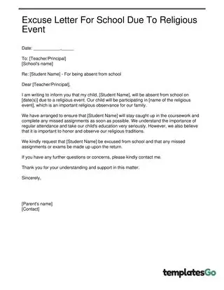 Excuse Letter For School Due To Religious Event
