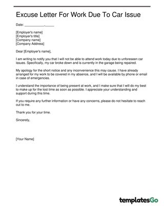 Excuse Letter For Work Due To Car Issue