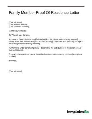 Family Member Proof of Residence Letter