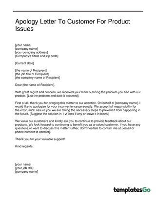 Letter Of Apology to customer for products issue