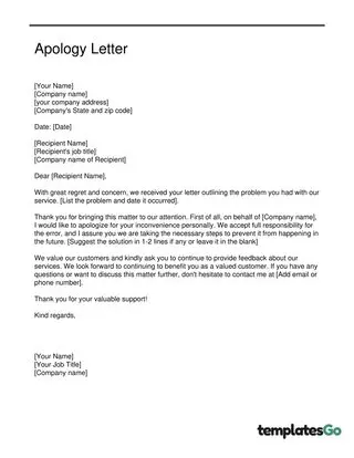 Letter Of Apology to customer for services