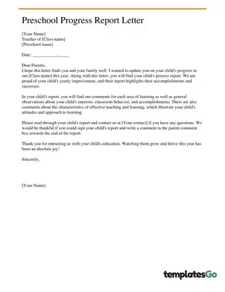 Preschool Student Progress Report Letter 