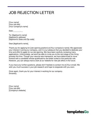 Rejection Letter After Interview Simple Template