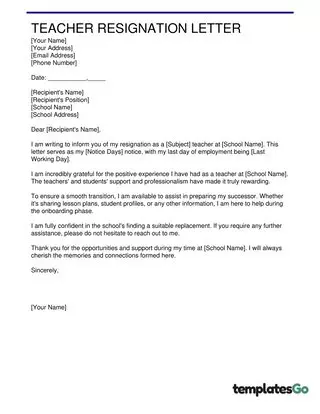 School District Teacher Resignation Letter