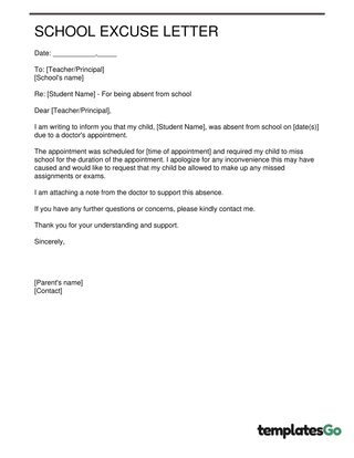 School Excuse Letter Due To Doctor´s Appointment