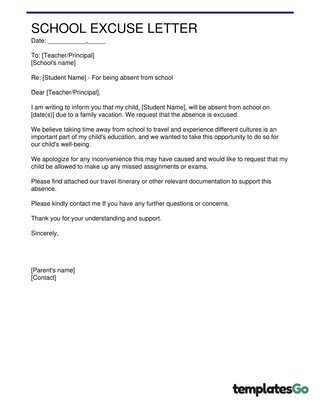 School Excuse Letter For Vacation