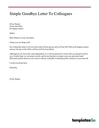 Simple Goodbye Letter To Colleagues