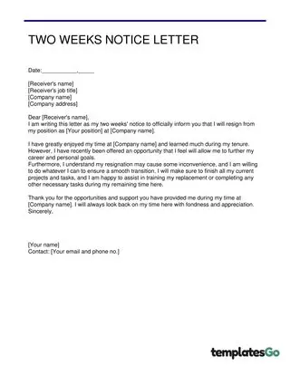 Simple Two Weeks Notice Letter