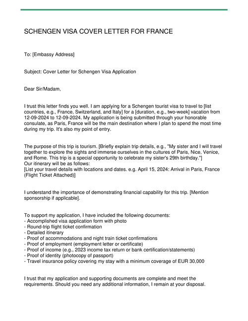 Schengen Visa Cover Letter For France