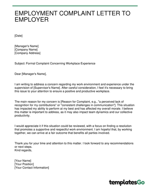 Employment Complaint Letter to Employer/Boss/Manager