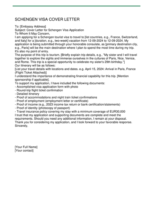 Schengen Visa Cover Letter