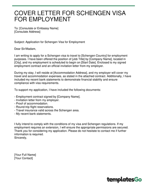 Cover Letter For Schengen Visa for Employment