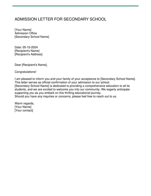 Admission Letter for Secondary School