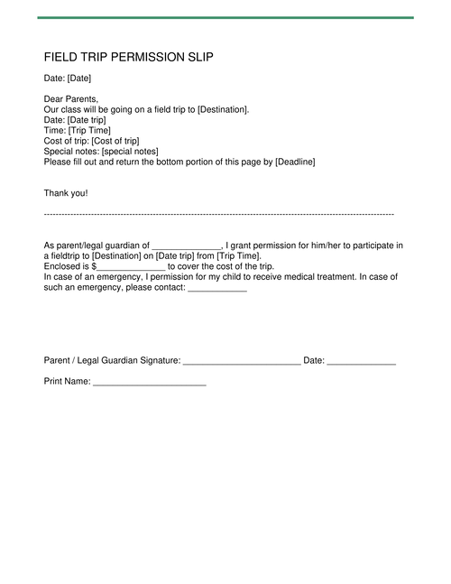 Field Trip Permission Slip (Teacher's Form)