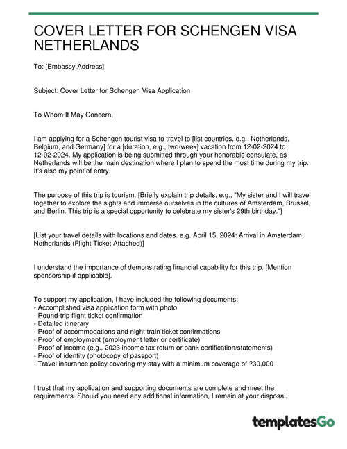 Cover Letter For Schengen Visa Netherlands