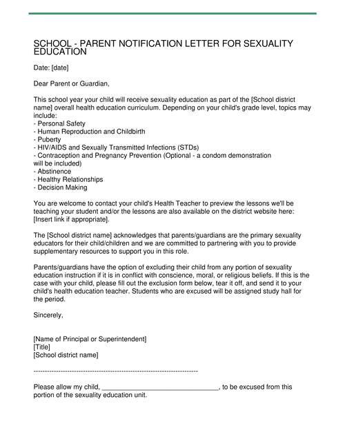 SCHOOL - PARENT NOTIFICATION LETTER FOR SEXUALITY EDUCATION