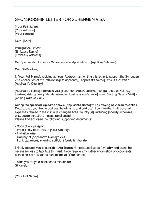 Sponsorship Letter for Schengen Visa