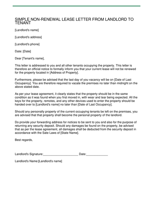 Simple Non-Renewal Lease Letter From Landlord To Tenant 
