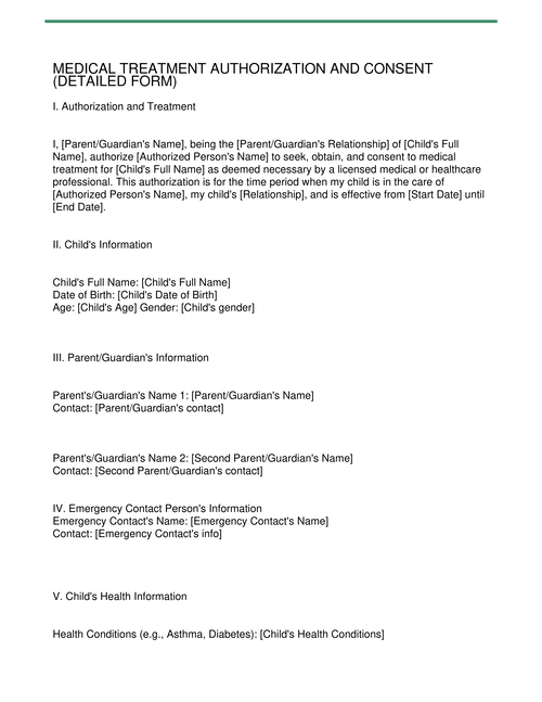 Medical Treatment Authorization and Consent (Detailed form)