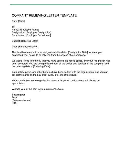 Company Relieving Letter template