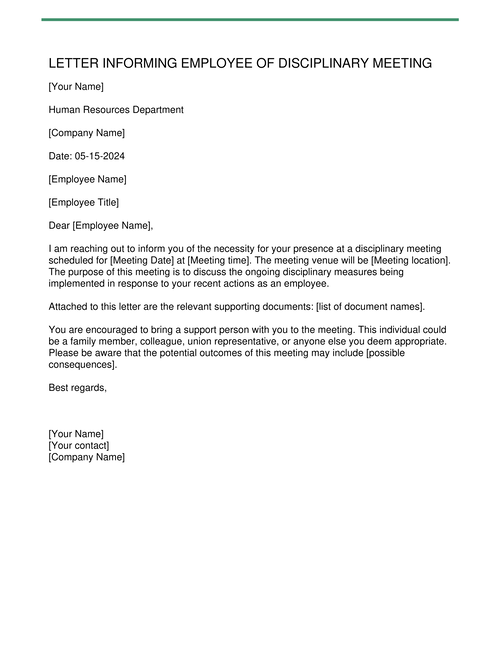 Letter Informing Employee of Disciplinary Meeting