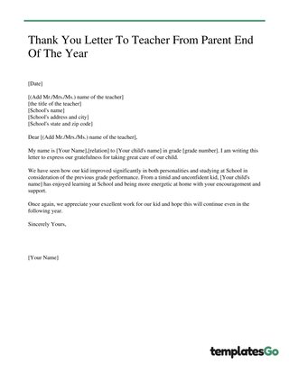 Thank You Letter To Teacher From Parent End Of The Year
