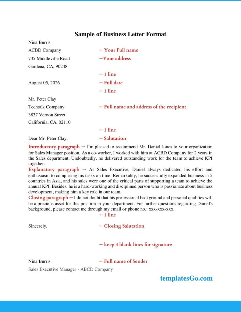 format of a business letter using standard font Times New Roman, size 12