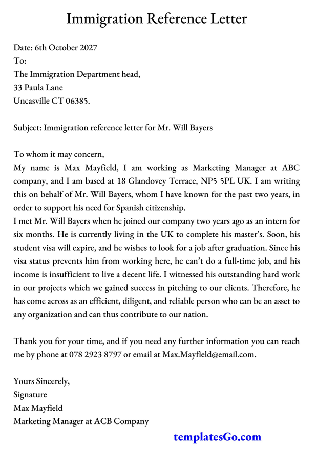 sample reference letter immigration from an employer