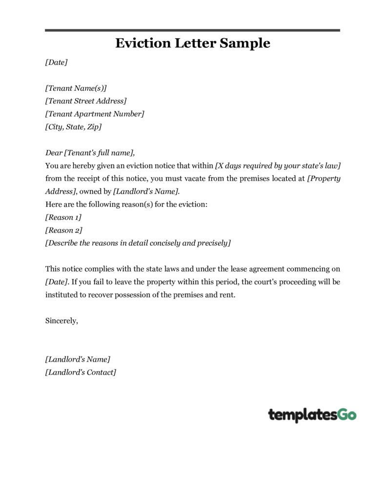 An example of an eviction letter created by templatesGo.com