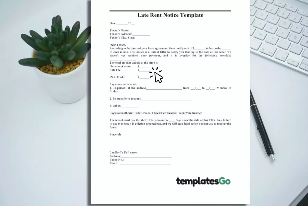 Late rent notice template with background office