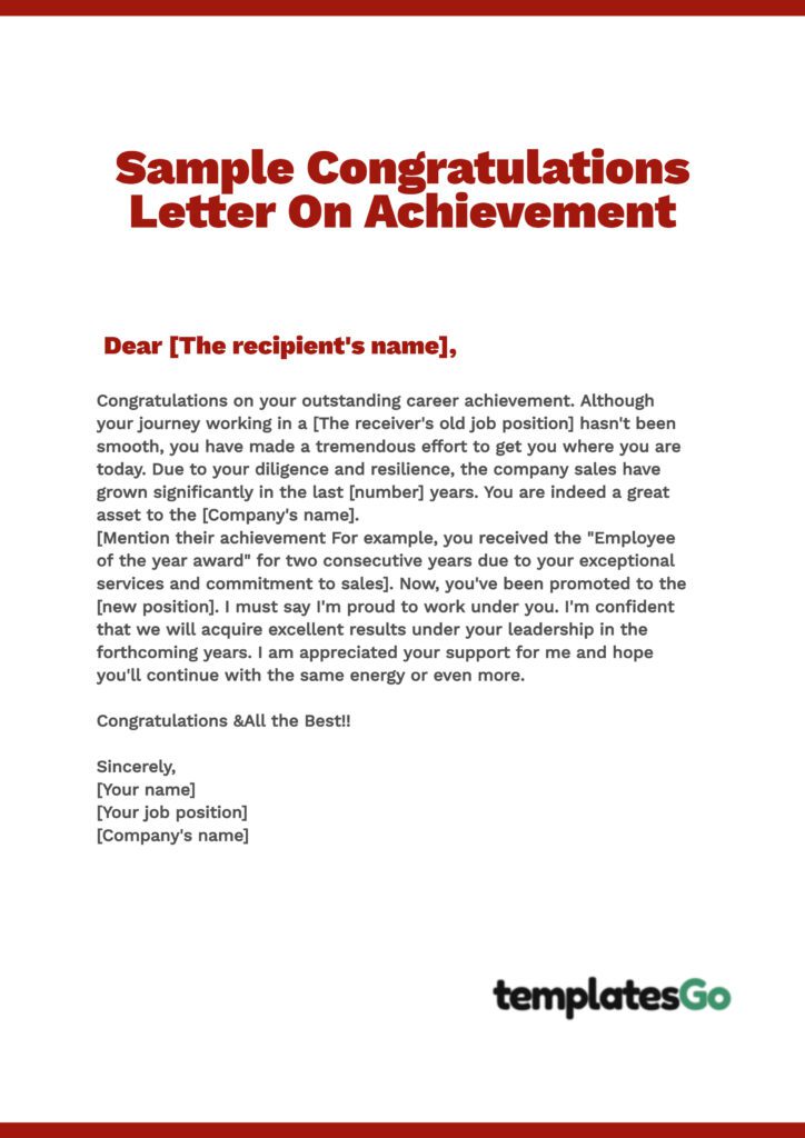 A sample congratulations letter on achievement to the Boss. The users can use this template to tailor their letter.