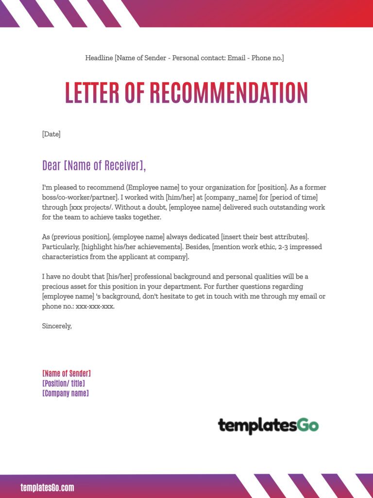 Letter of recommendation for employee template sample from templatesGo