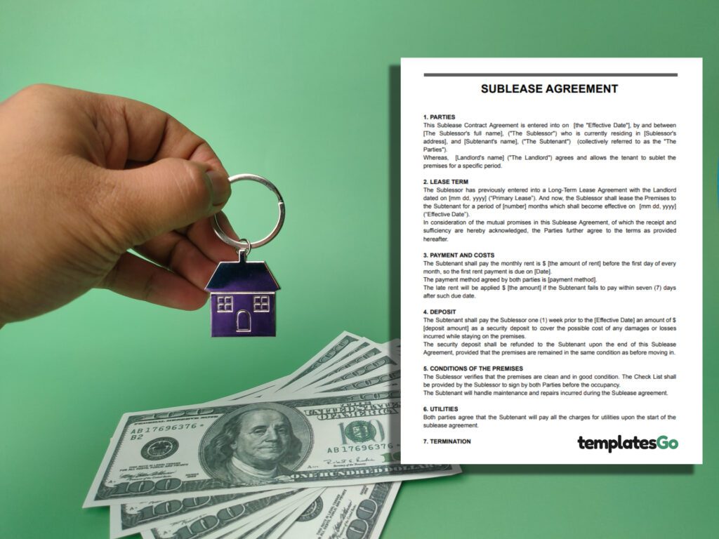 Sublet contract agreement template with background payment and key 