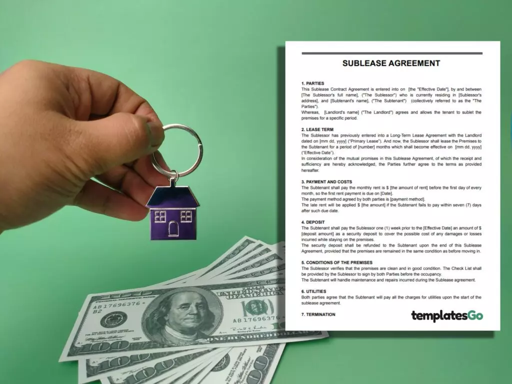 Sublet contract agreement template with background payment and key 