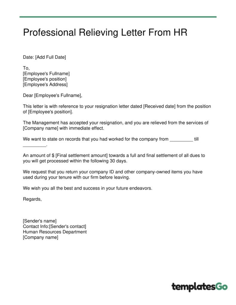 professional relieving letter template for HR department