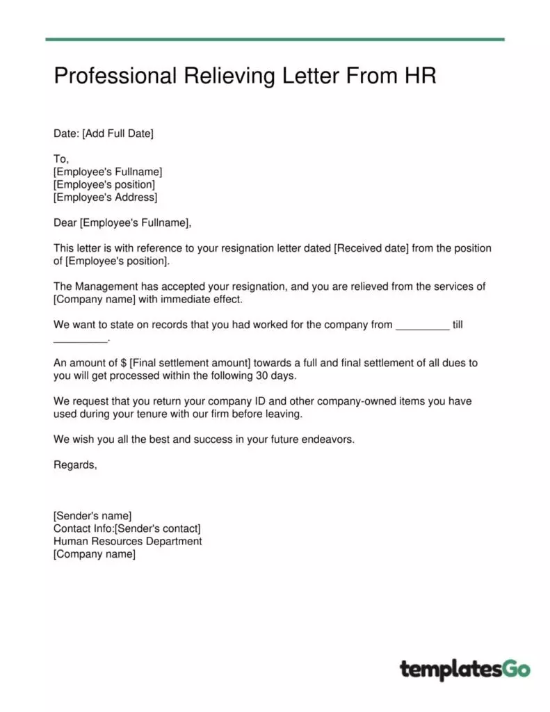 professional relieving letter template for HR department
