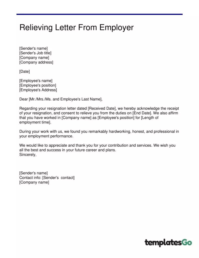 Relieving letter template for employer