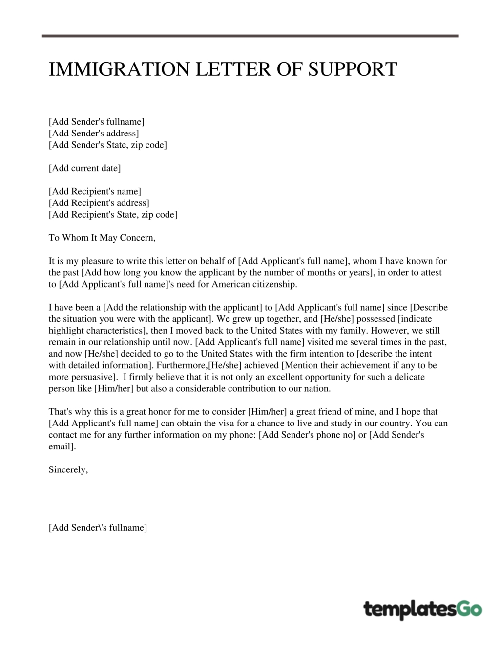 Immigration Letter Of Support - Free Templates To Edit