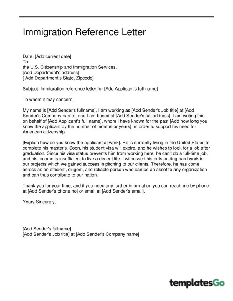 template immigration reference letter to edit