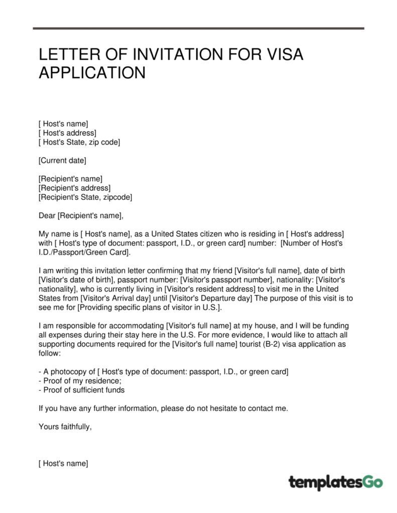 Invitation letter for US visa application template