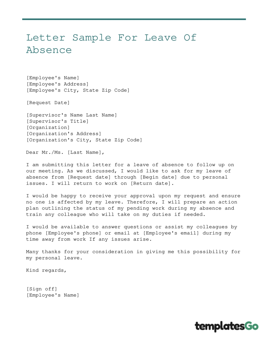 Leave Of Absence Letter Request With Template Examples 1294