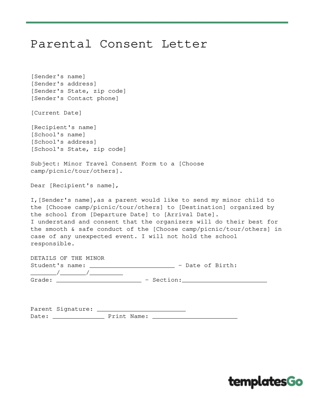 Minor Travel Consent Form W +3 Editable Templates