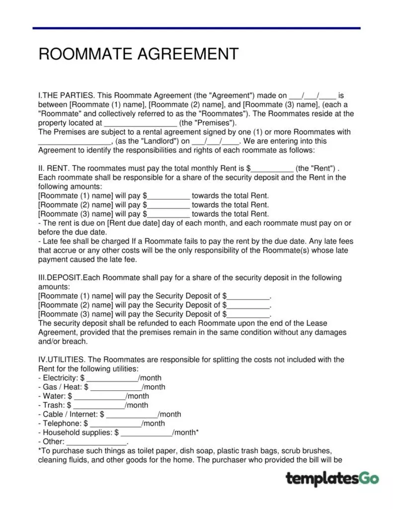 standard roommate agreement template