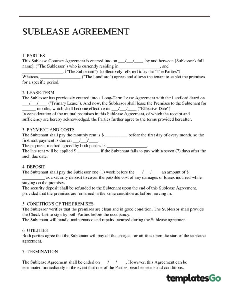 Sublease agreement first page template