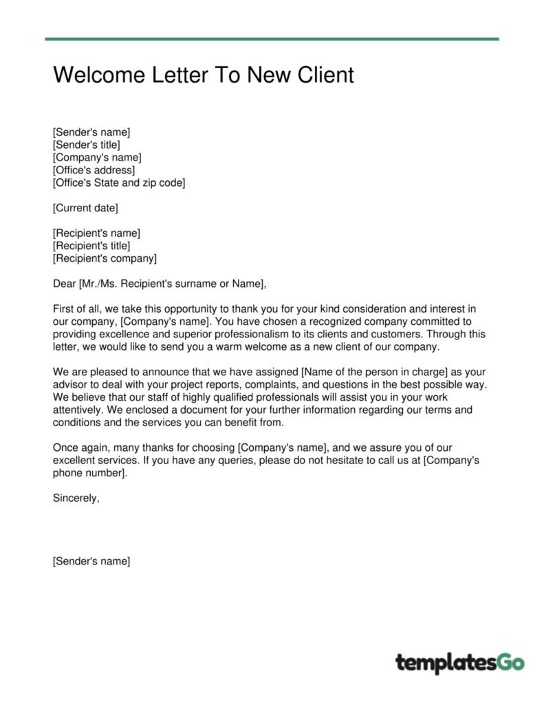 Template Welcome letter to new client  B2B