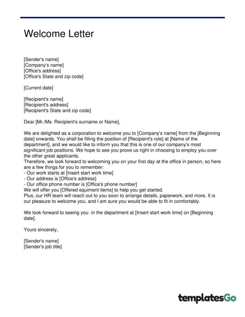 Employee Welcome Letter On-Site template